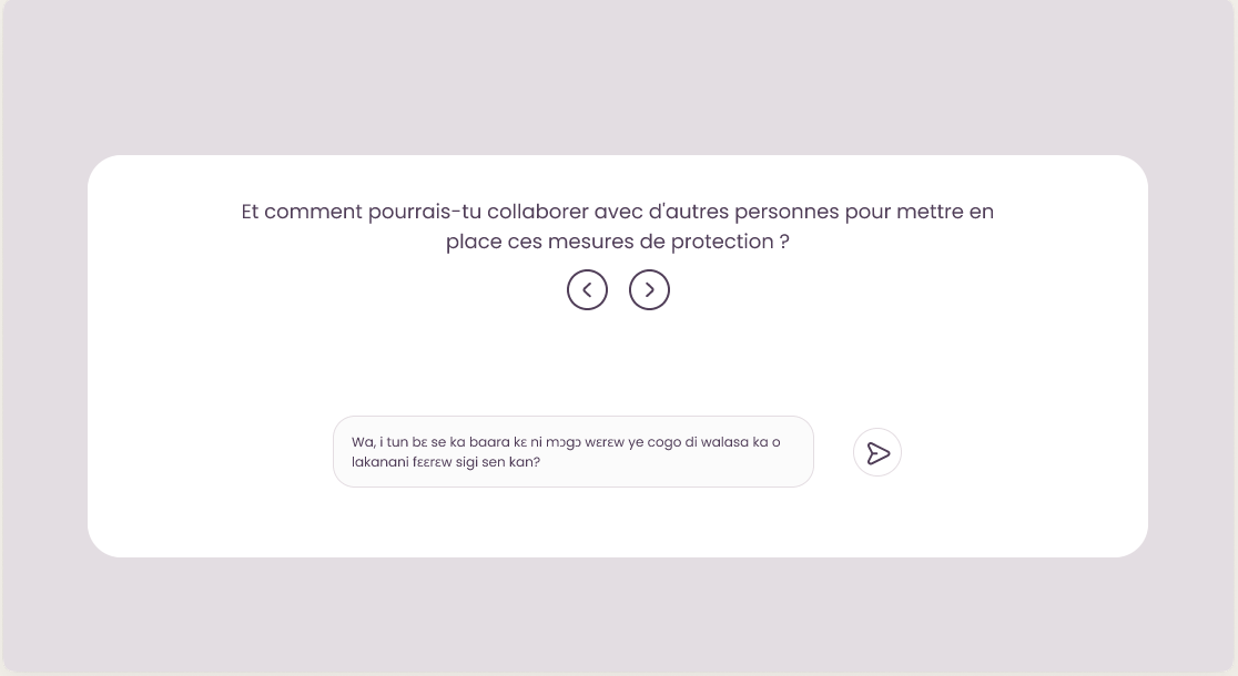 A French sentence above its Bamanankan translation in Kabakoo’s translation interface.