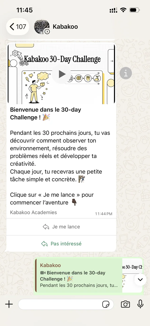 WhatsApp introduction to Kabakoo’s 30-day Challenge.