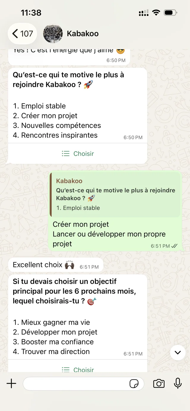WhatsApp choices about earning, confidence, and project goals.