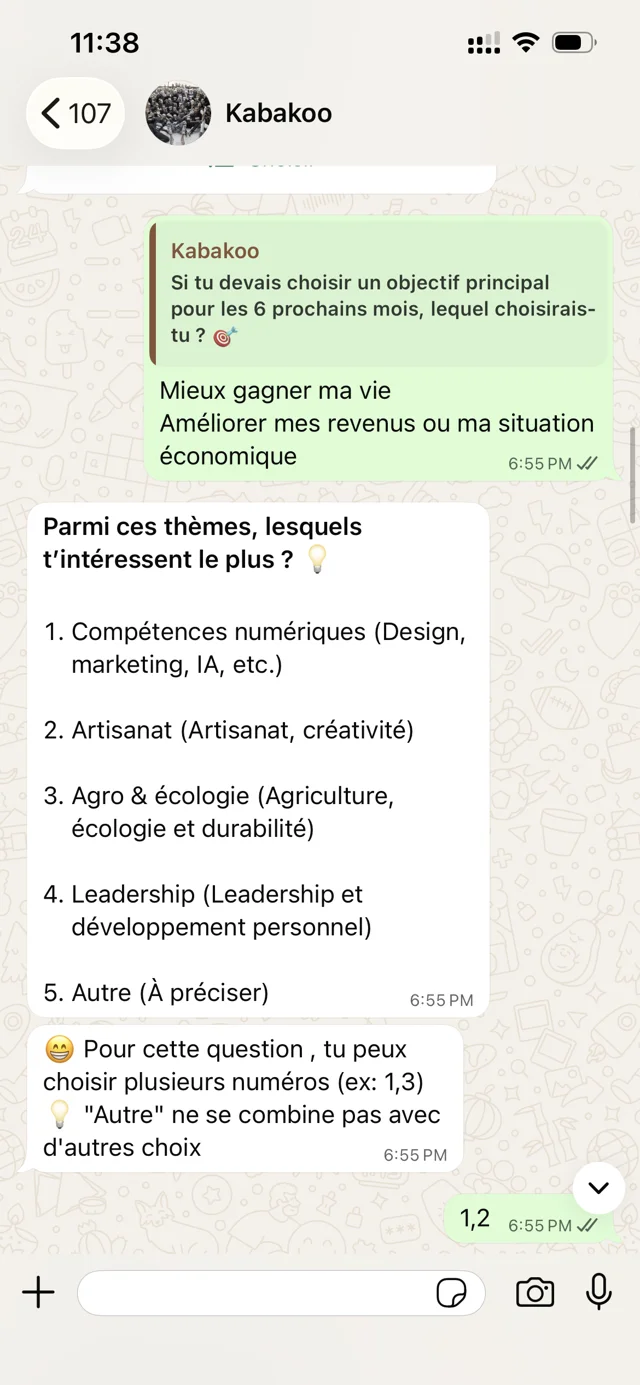 WhatsApp asks about interests including technology, crafts, agriculture, and leadership.