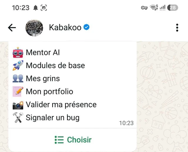 Kabakoo’s WhatsApp menu offers the AI Mentor, core modules, grins, portfolio, attendance validation, and bug reporting.