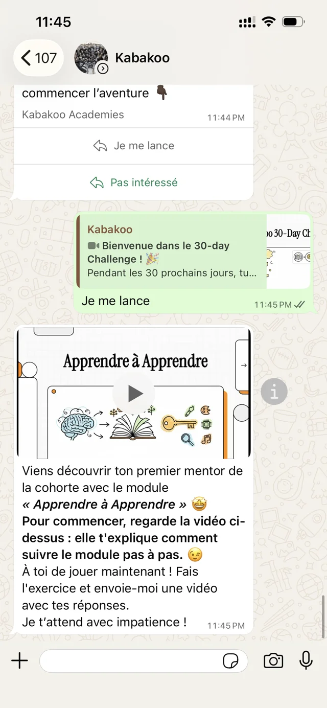 Learn to Learn module entry and video in WhatsApp.