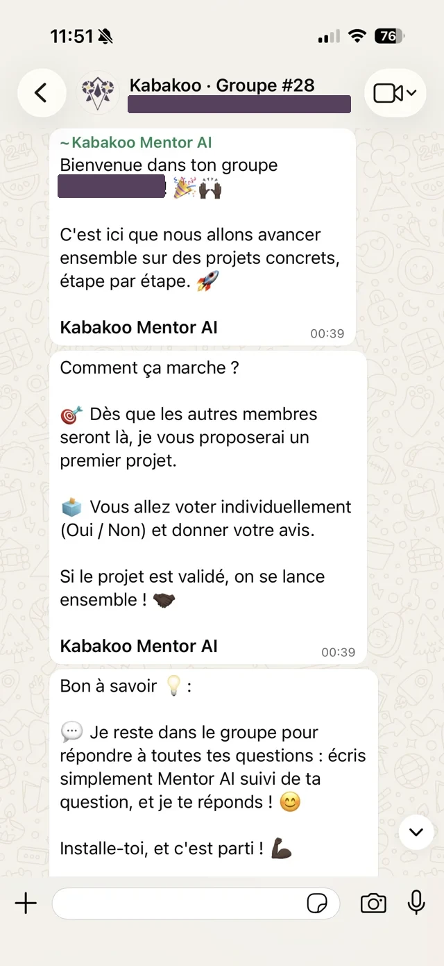 Kabakoo AI Mentor explains how it participates in a WhatsApp group.